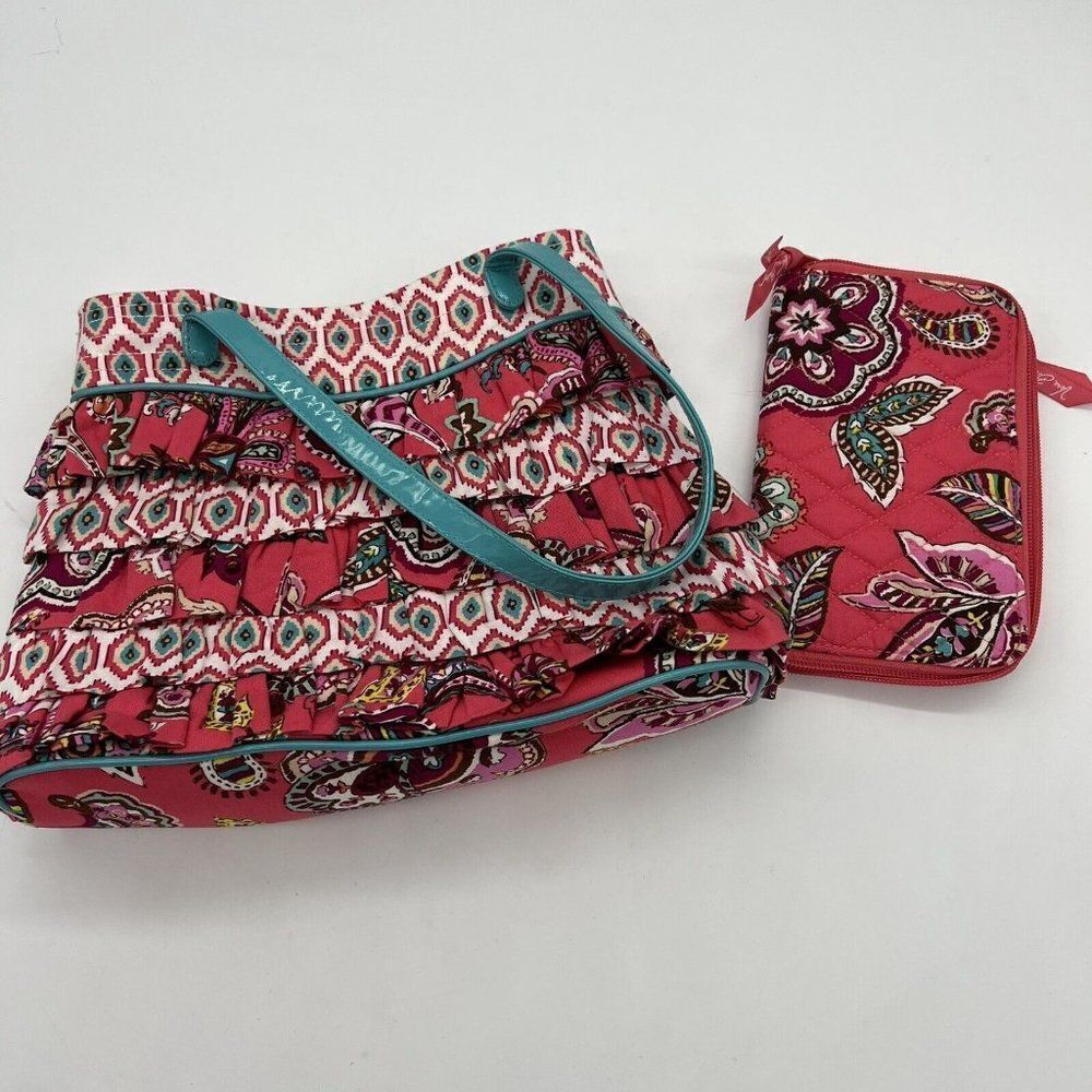 Vera Bradley Cha Cha Handbag in CALL ME CORAL Blue Straps Discontinued & Wallet
